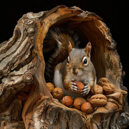 A squirrel with nuts in a hollow log