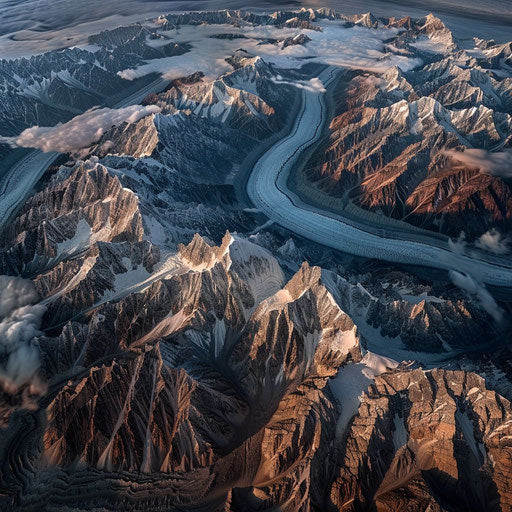 High-altitude view of the Karakoram, capturing intricate patterns of rugged terrain, in the style of Marc Adamus