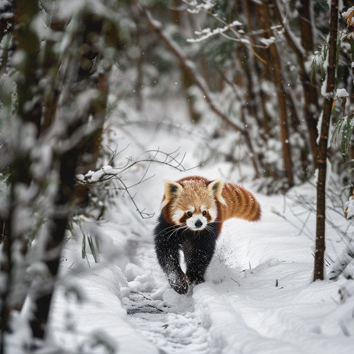 Red panda in snowy forest leaving tracks in fresh snow