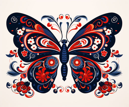 Butterfly tattoo with flowers, dark navy, red, Mexican folklore