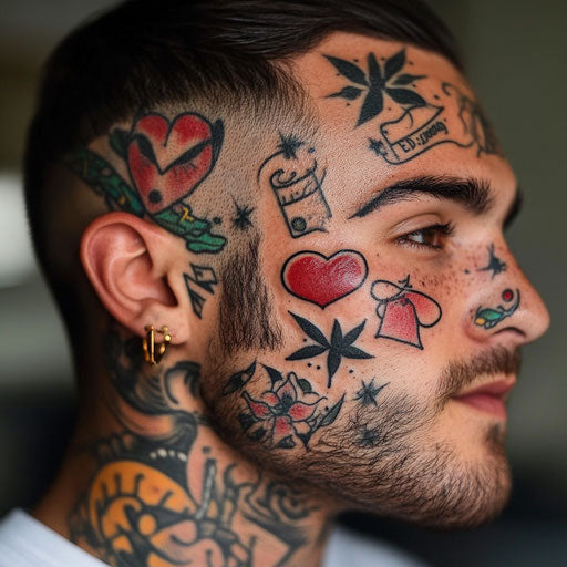 Facial tattoos for men with a tiny heart and banner