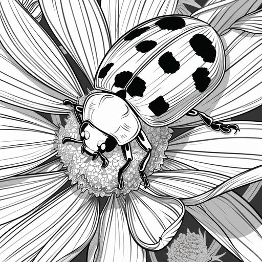 Ladybug on flower petal. Coloring book page
