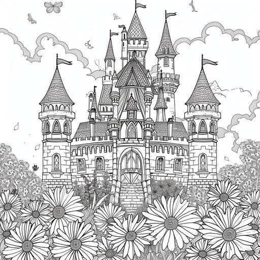Fairy-tale castle surrounded by enchanted flowers