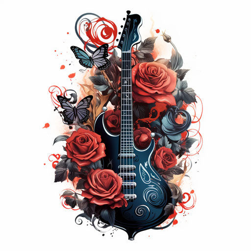 Electric guitar roses butterflies tattoo icepunk style poster
