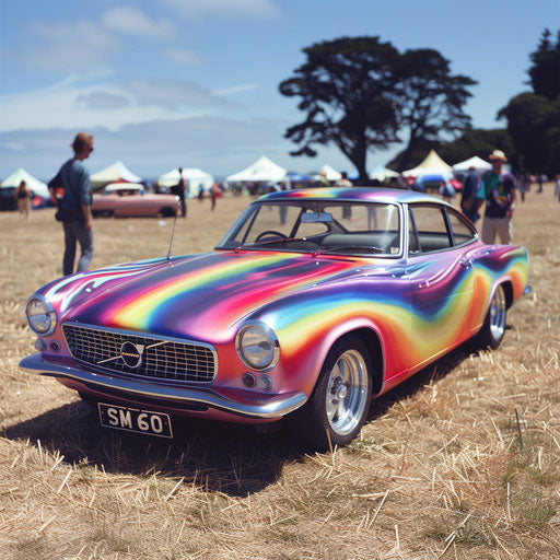 1966 Volvo P1800 with psychedelic paint at music festival