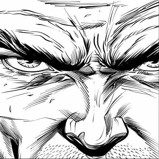 Close-up of determined superhero face. Coloring book page