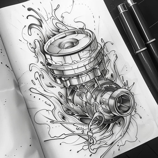 Dynamic tattoo sketch of a piston in action with a burst of flames and energy waves