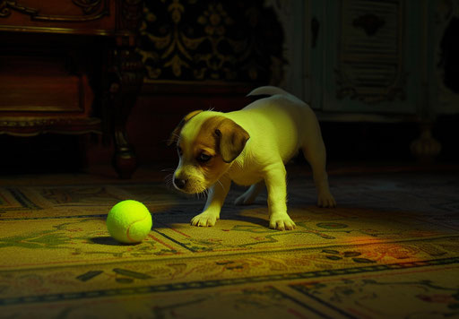 Puppy playing tennis ball on ground floor, light yellow and emerald