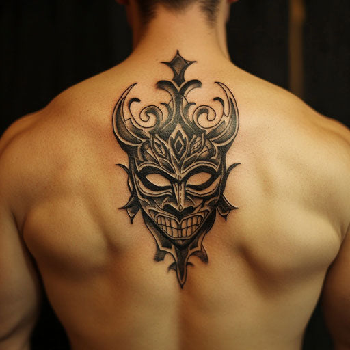 Tribal tattoos for men with tribal warrior mask on the back