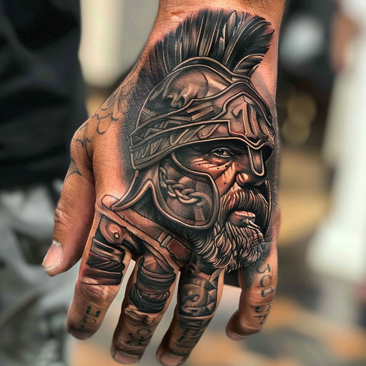 Realistic warrior portrait hand tattoo for men