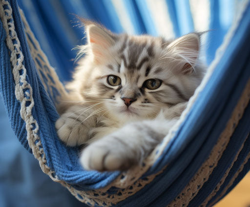 Blue striped kitten in a hammock