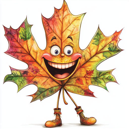 Humorous caricature of a maple leaf with human characteristics