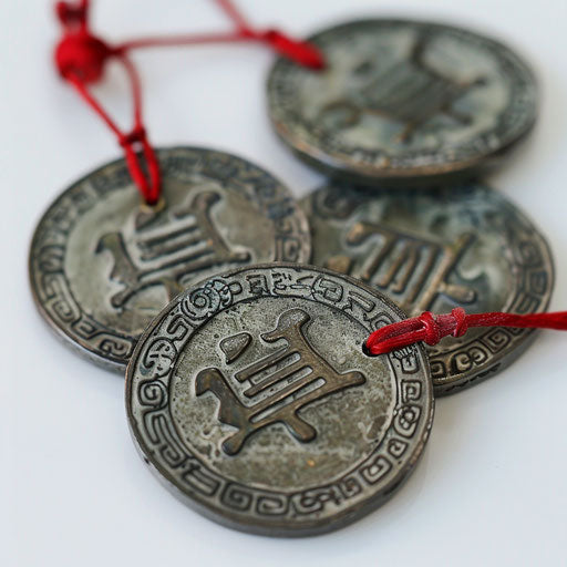 Series of ancient Chinese coins, tattoo design on white background