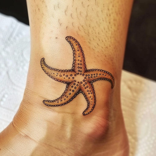 Simple starfish tattoo, Sailor Jerry style, on the ankle