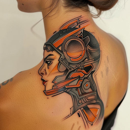 Feminine tattoos with futuristic design, Humberto Ramos style