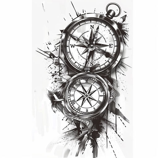 Black and white tattoo design of compass and clock on white