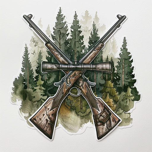 Duo of vintage crossed rifles with forest backdrop in photorealistic tattoo design on pristine white background