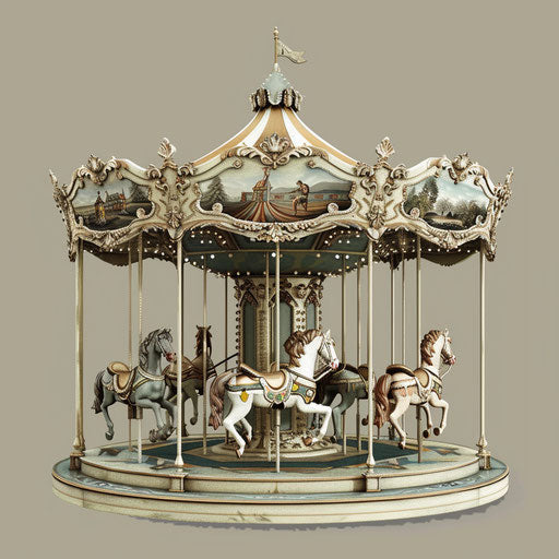 Realistic carousel on flat, muted olive background