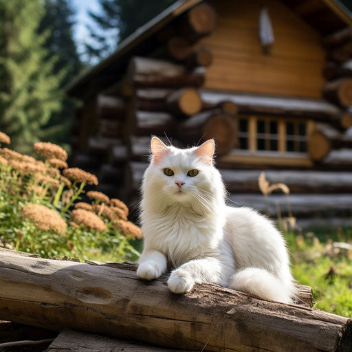 White cat sitting in front of a log cabin