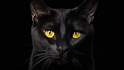 Black cat with yellow eyes on black background, Keith Carter style
