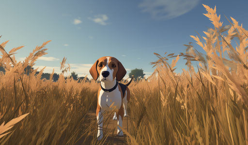 A beagle walking in tall grass with owner in the background