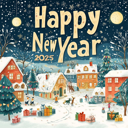 Happy New Year 2025: Snow, Trees, Presents, Bright Moon