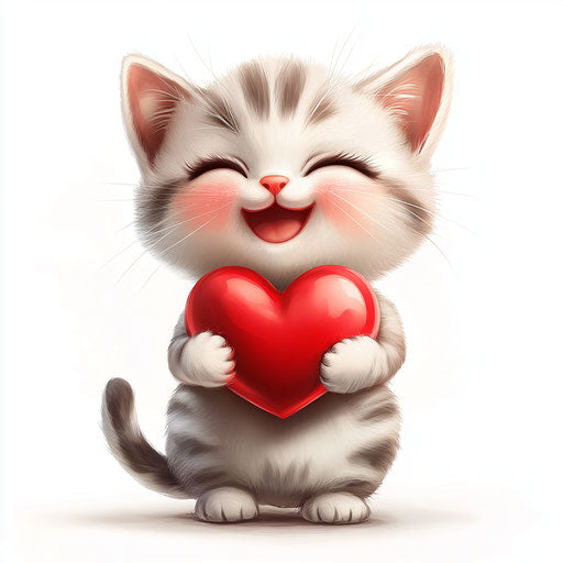 Adorable kitten smiling holding a red heart