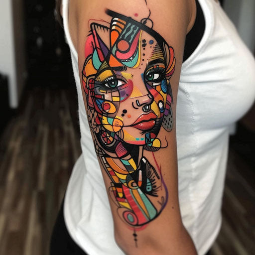 Arm tattoos for women in the style of Humberto Ramos with a vibrant, colorful graffiti design