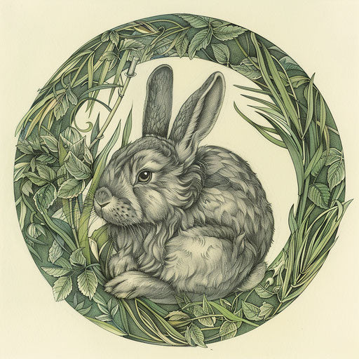 Tranquil flat tattoo sketch of a bunny in a zen garden