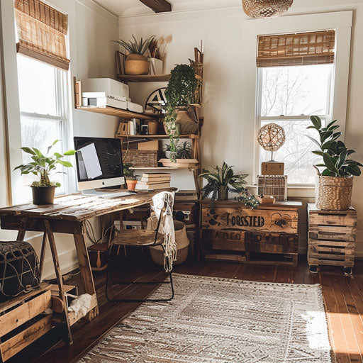 A home office with a DIY pallet desk and thrifted finds for a personal touch