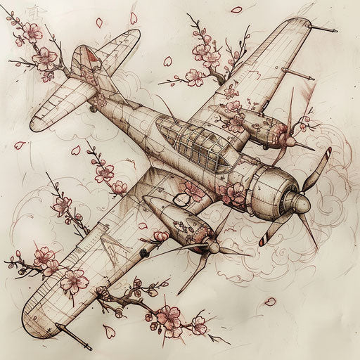 Japanese art style tattoo sketch of a kamikaze plane with cherry blossoms