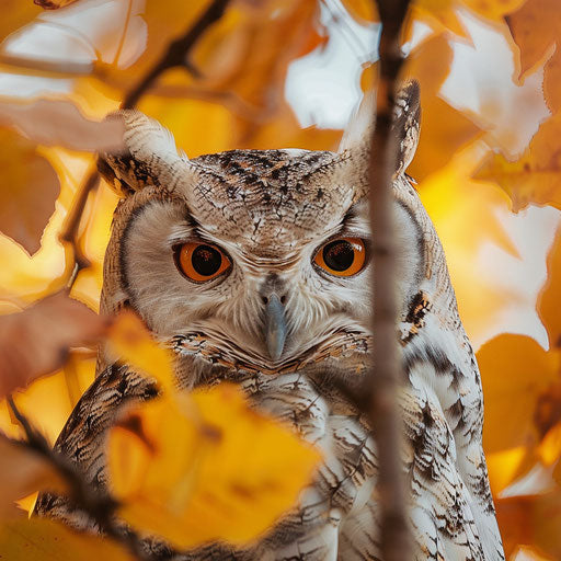 Spotted white owl peeking from behind autumn leaves