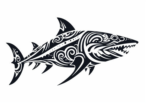 Tribal shark on white background, expressive black and white style