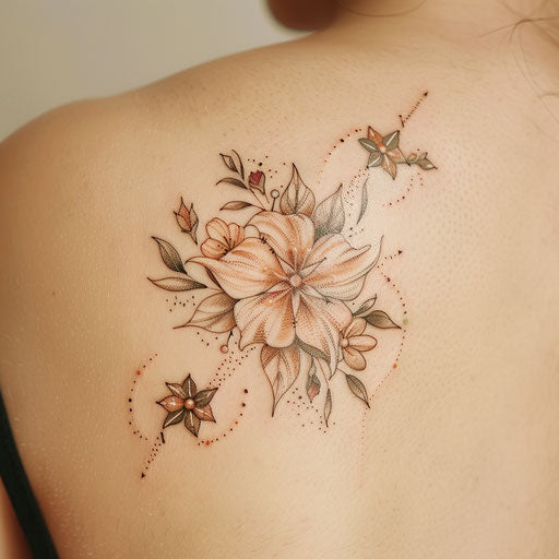 Elegant flat tattoo sketch of the North Star with delicate floral elements, soft pastel colors, dreamy style