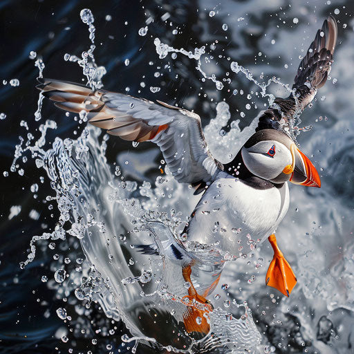 Puffin captured in mid-flight with water splashing
