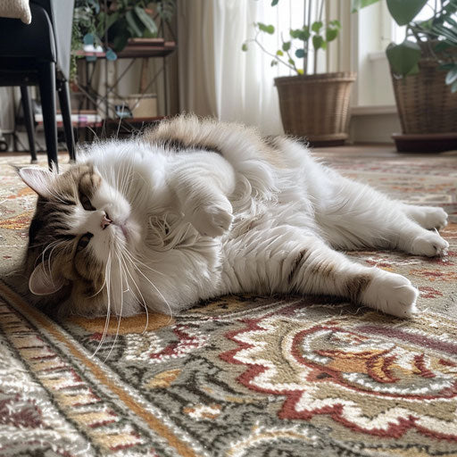 Chubby cat lying on a rug