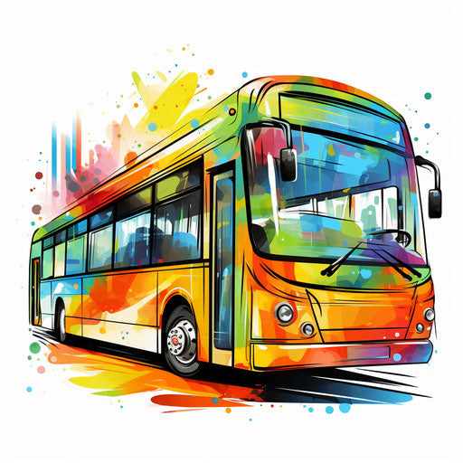 Cartoon bus in the style of oil painting, on white background