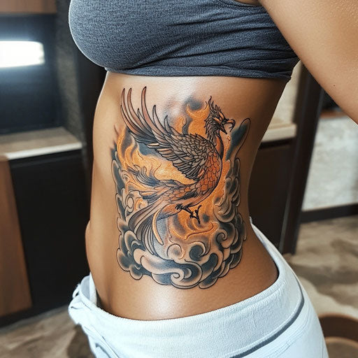 Rib tattoos for women with a phoenix flying through smoke and flames in the style of Steve Sack