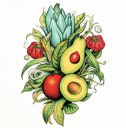 Vegetable tattoo, nostalgic nature style, avocadopunk, logo
