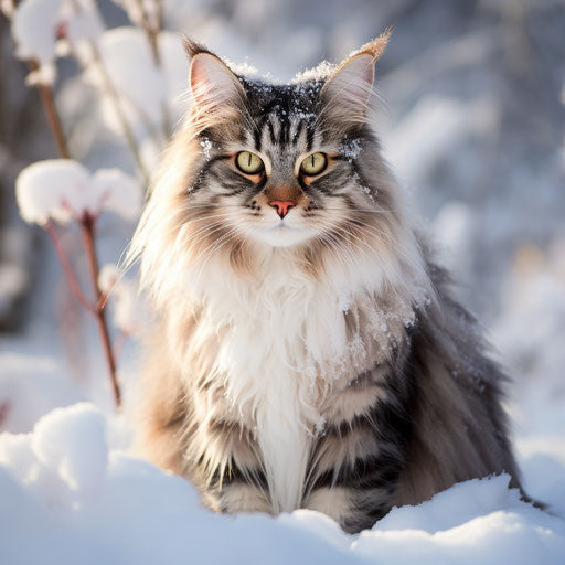 Norwegian forest cat in the snow