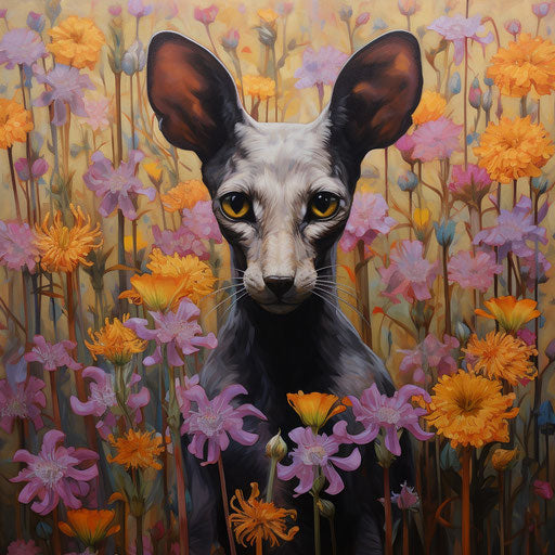Oriental shorthair cat in a field of flowers
