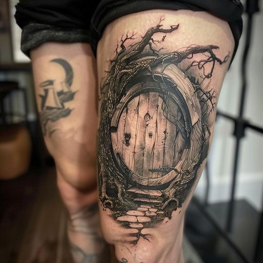 Knee tattoos in the style of Peter Jackson with a hobbit door