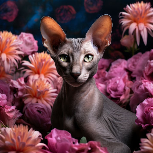 Oriental cat in a flower bed with beautiful flowers