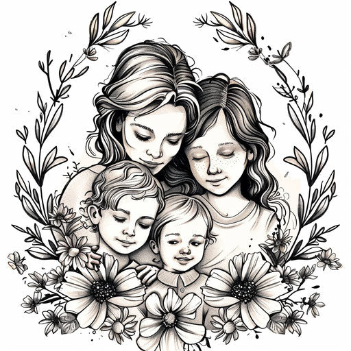 Beautiful flat tattoo sketch for three children for moms in a boho chic style