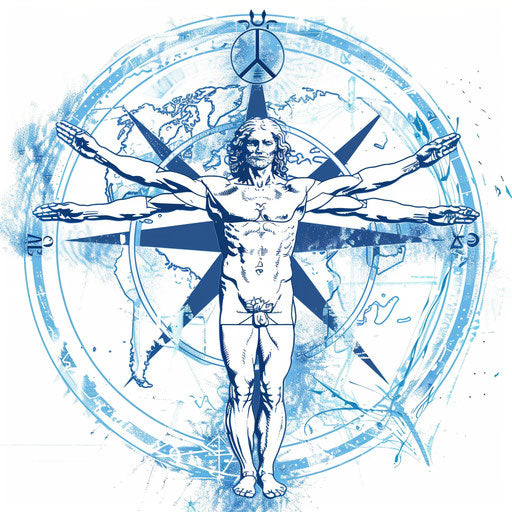 Vitruvian Man with peace sign, peaceful clipart style