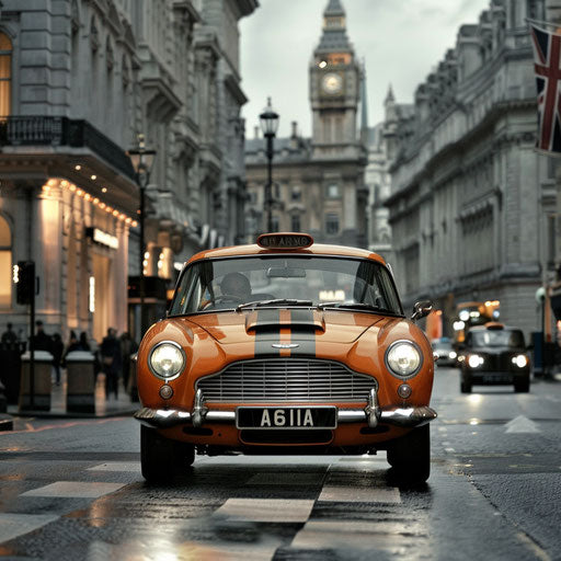 Vintage taxi with checkerboard pattern navigating London's streets