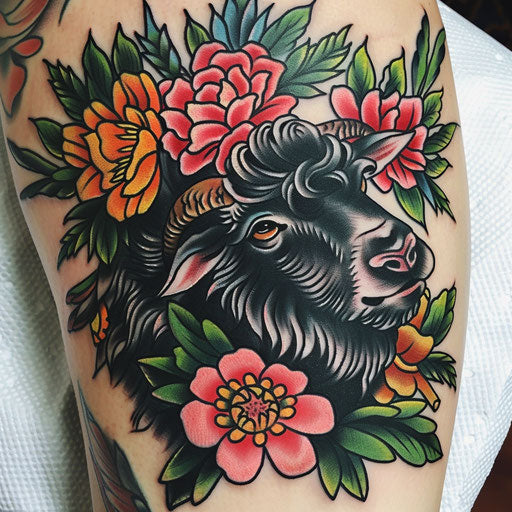 Black sheep with vibrant flowers on a white sheet