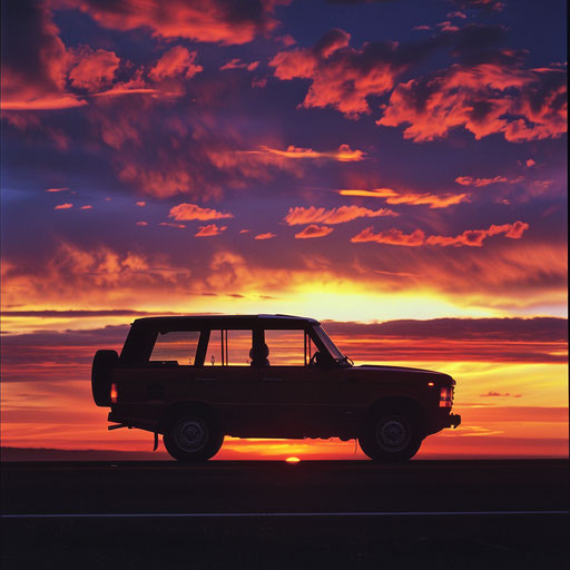 Silhouette of 1980 Range Rover against vibrant sunset on deserted highway