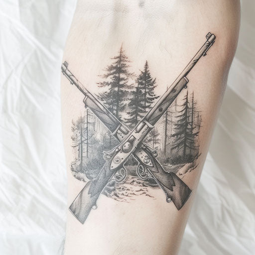 Duo of crossed vintage rifles, photorealistic tattoo design