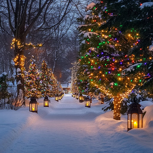 Outdoor Christmas scene with illuminated trees and lantern-lit path in snow